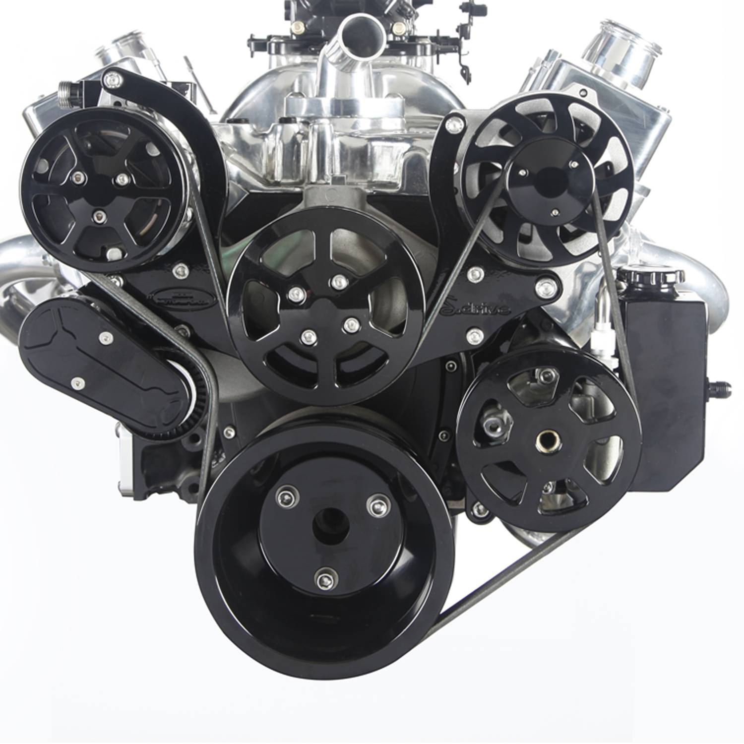 Eddie Motorsports BBC Accessory Drive S-Drive Plus 8 Rib with Alt, A/C and P/S (with attached billet aluminum reservoir) Gloss Black Anodized MS107-13BBA