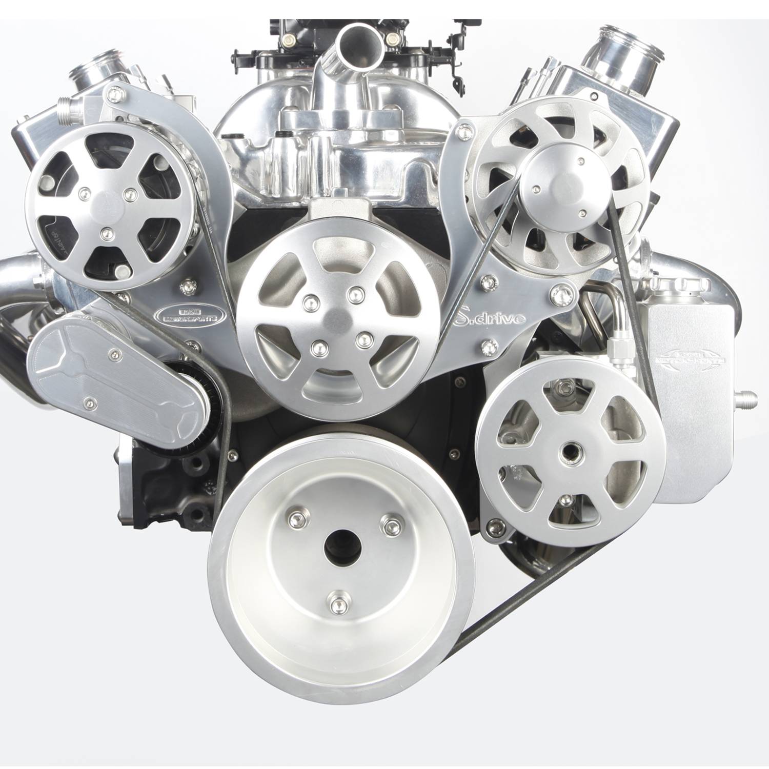 Eddie Motorsports BBC Accessory Drive S-Drive Plus 8 Rib with Alt, A/C and P/S (with attached billet reservoir) Clear Anodized MS107-13BCA