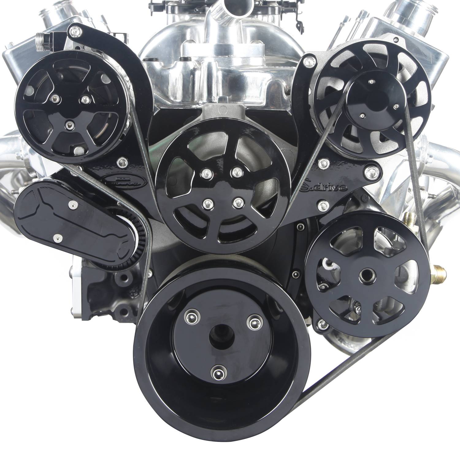 Eddie Motorsports BBC Accessory Drive S-Drive Plus 8 Rib with Alt, A/C and P/S (with pump for remote reservoir) Gloss Black Anodized MS107-13RBA