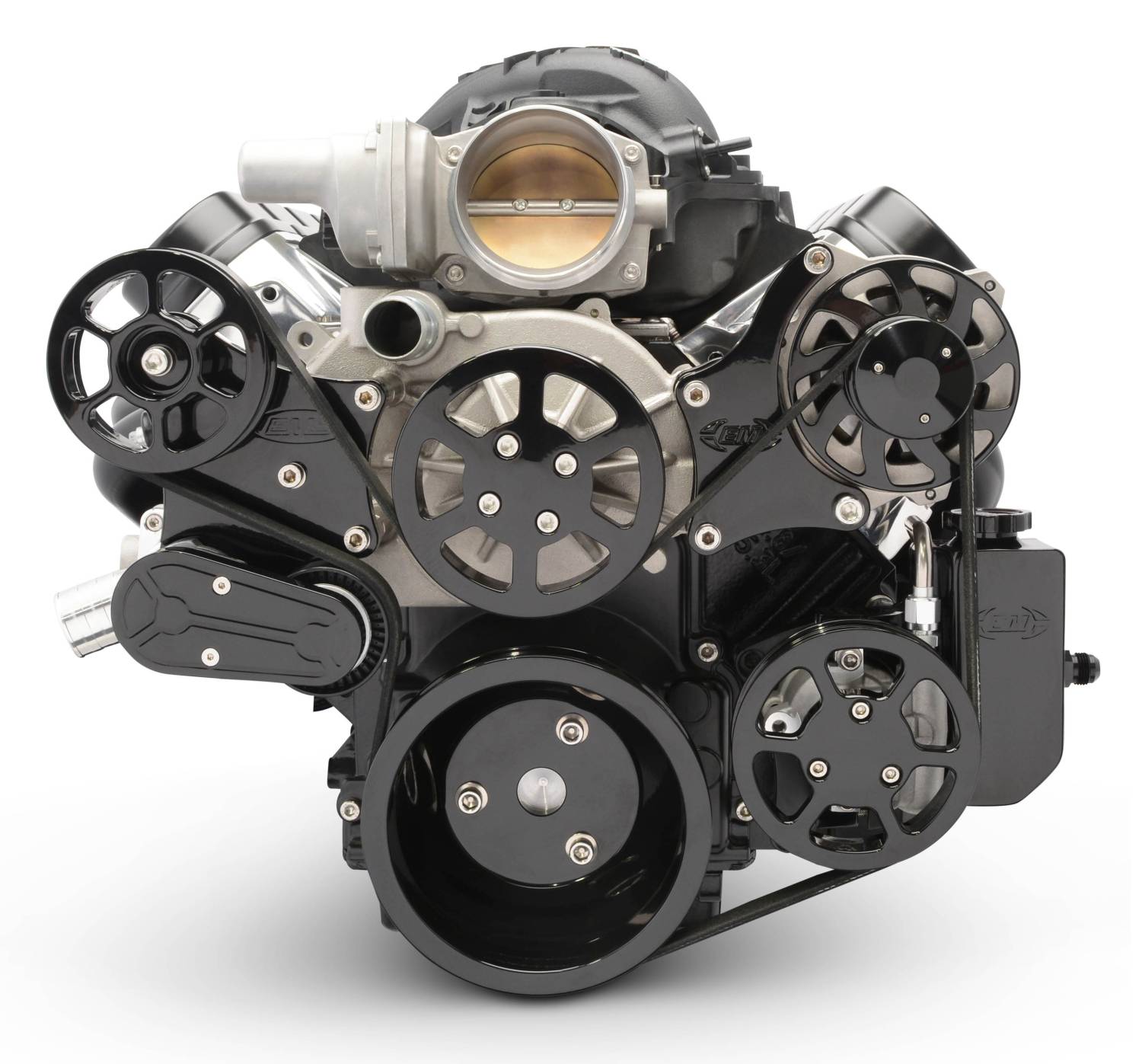 EMSMS107-18BBK - LS CHEVY ELITE S-DRIVE PLUS 8 RIB PS W/ATTACHED BILLET RESERVOIR, NO AC, ATI RACING BALANCER