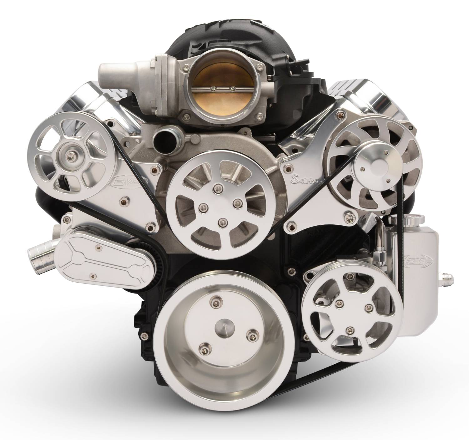 EMSMS107-18BCA - LS CHEVY ELITE S-DRIVE PLUS 8 RIB PS W/ATTACHED BILLET RESERVOIR, NO AC, ATI RACING BALANCER