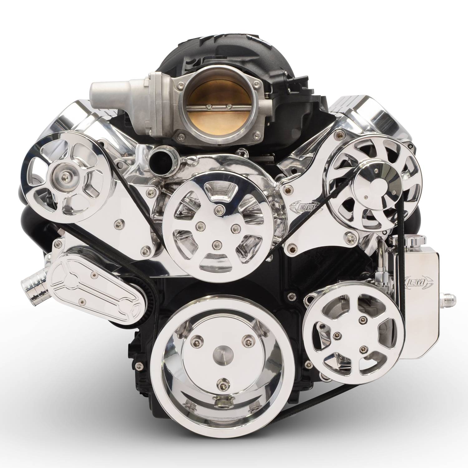 EMSMS107-18BCL - LS CHEVY ELITE S-DRIVE PLUS 8 RIB PS W/ATTACHED BILLET RESERVOIR, NO AC, ATI RACING BALANCER