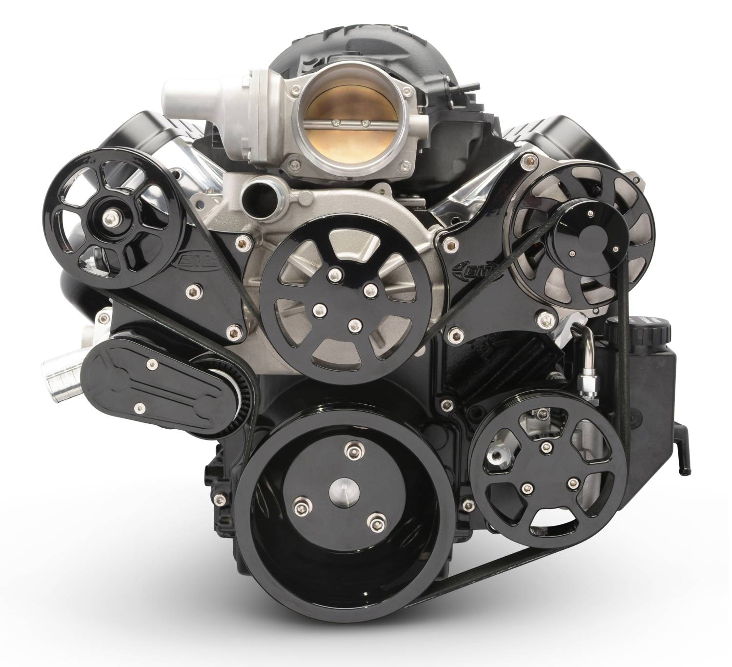 EMSMS107-18BK - LS CHEVY ELITE S-DRIVE PLUS 8 RIB PS W/ATTACHED PLASTIC RESERVOIR, NO AC, ATI RACING BALANCER