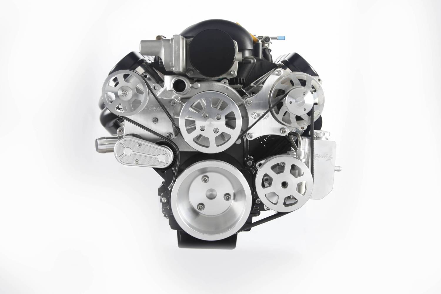 EMSMS107-18BM - LS CHEVY ELITE S-DRIVE PLUS 8 RIB PS W/ATTACHED BILLET RESERVOIR, NO AC, ATI RACING BALANCER