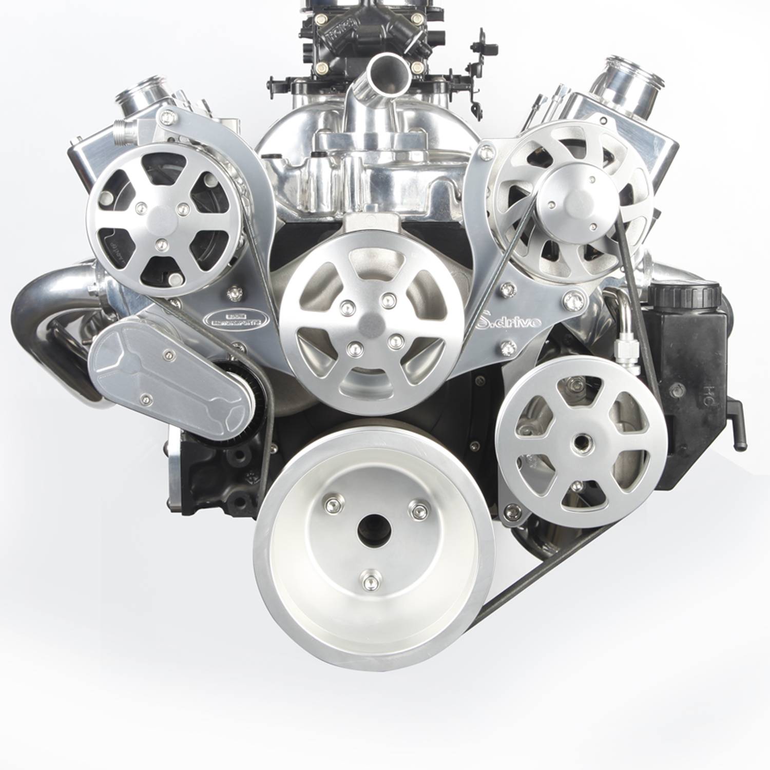 Eddie Motorsports BBC Accessory Drive S-Drive 6 Rib with Alt, A/C and P/S (with attached plastic reservoir) Clear Anodized MS107-50CA