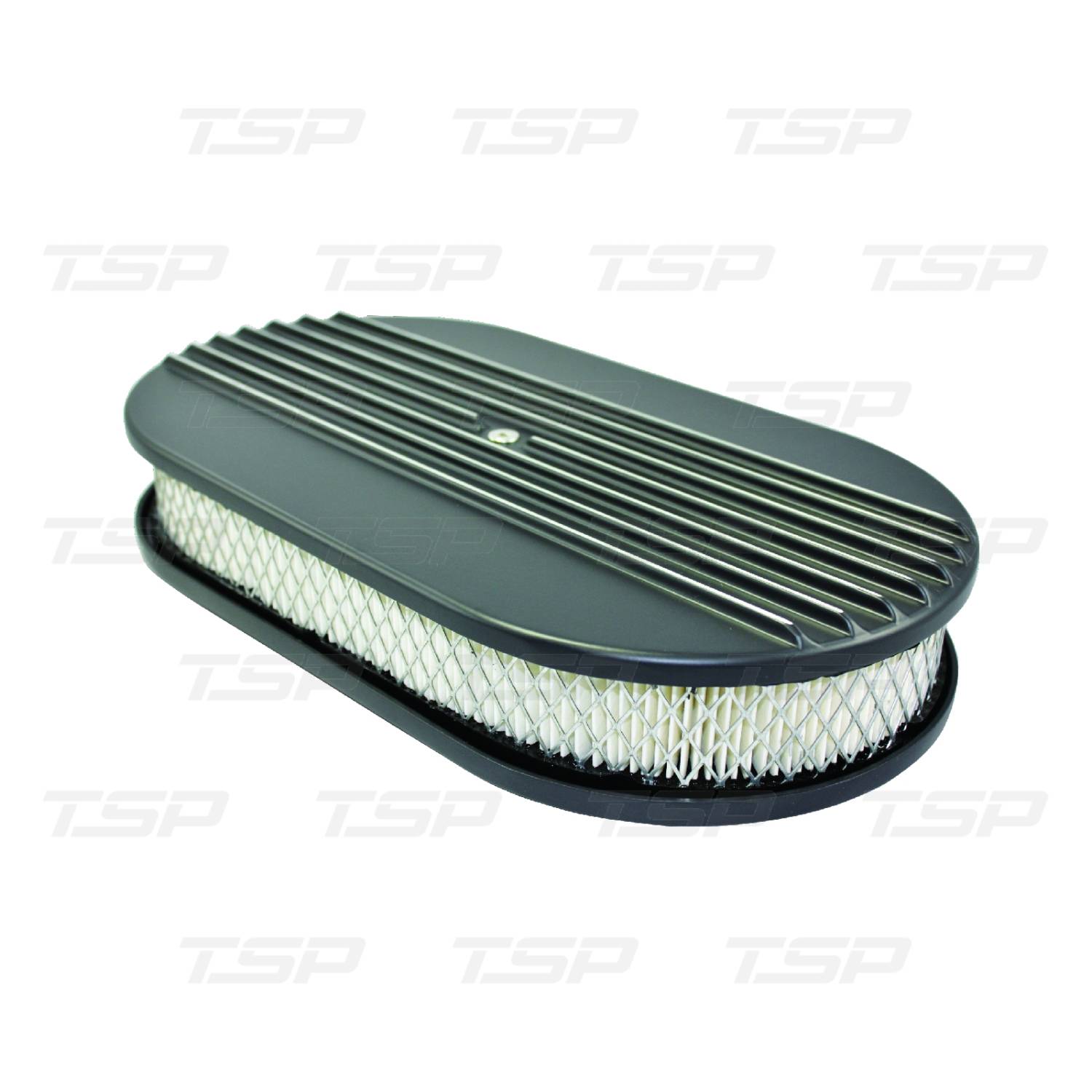 Top Street Performance 15 in Black Aluminum Half Finned Oval Air Cleaner Kit with Flat Base SP6491BK
