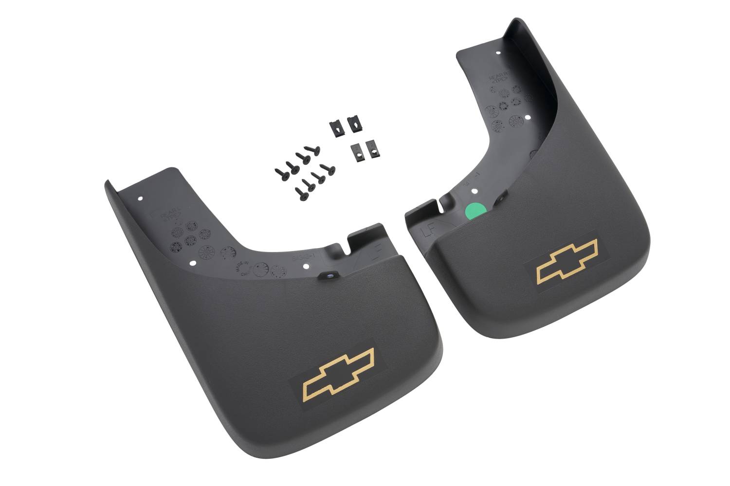 12499693 - GM Accessories - Custom Molded Splash Guards - With Gold Bowtie Logo - 2004-2006 Chevy Colorado -Rear - With Wide Profile Factory Fender Flares -2 Pc. Set